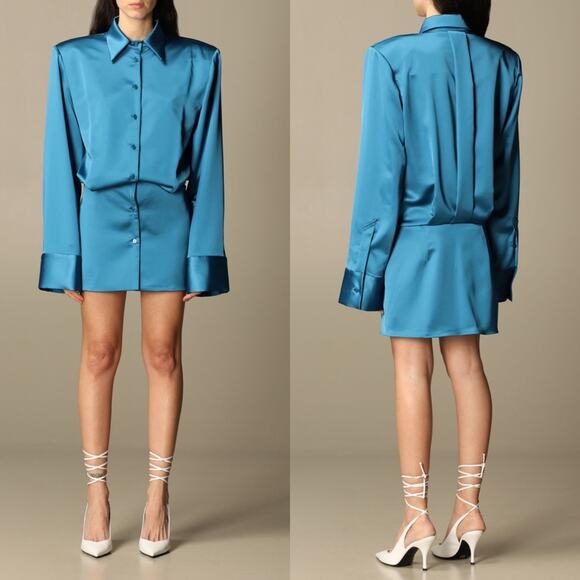 The Attico Mini Shirt Dress with Maxi Shoulders in Blue - Picture 1 of 16